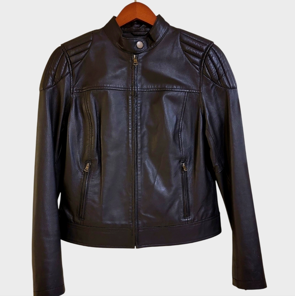 Lauren Ralph Lauren LRL Black Lamb Leather Cropped Jacket Size 8 PRE-OWNED